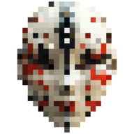 Pixelated close-up of a mask with a vertical black stripe, red markings, and dark eye holes.