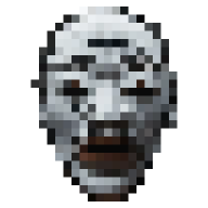 Pixelated digital artwork of a white mask with black markings and dark open mouth.