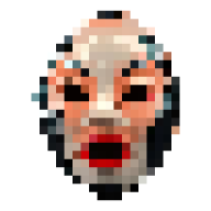 Pixelated close-up of a stylized face with prominent red lips and dark eye makeup.