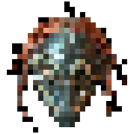 Pixelated round object with mixed brown, blue, and gray colors on a black background.