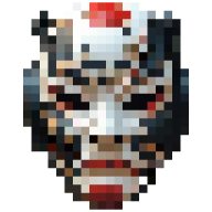 Pixelated image of a white hockey mask with red markings resembling a skull.