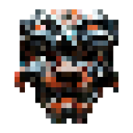 Pixelated image of a fierce animal mask with dark colors and bright orange accents.
