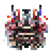 Pixel art of a colorful, horned creature with a wide mouth and intricate patterns.